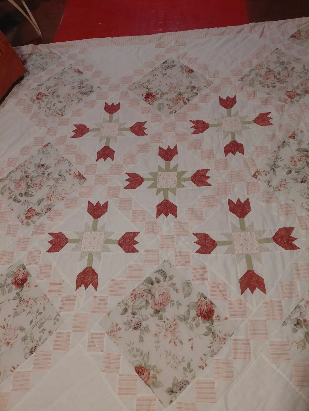Floral Patchwork Quilted Bedspread in Cream and Rust Tulip